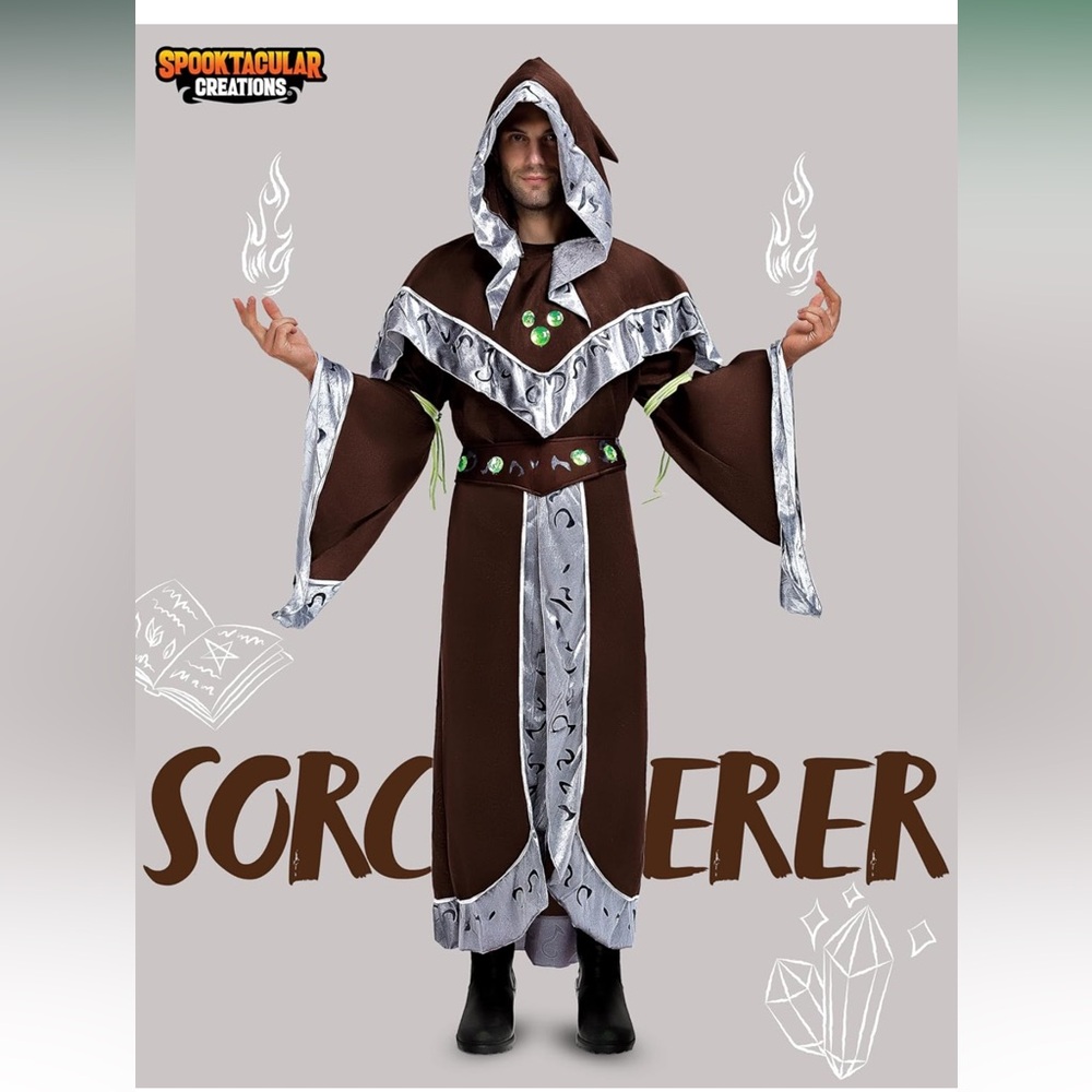 NWT Spooktacular Wizard Costume Adult Men, Medieval CostumE W/Hooded Cloak, Sz M - Picture 2 of 6